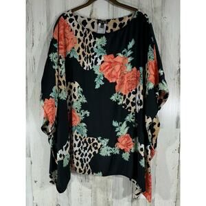 Iman Floral Leopard Animal Print Poncho Top Size XL Oversized Flowy READ
